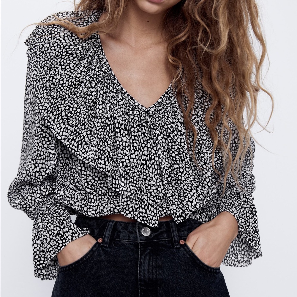 Zara pleated V-neck ruffled printed top